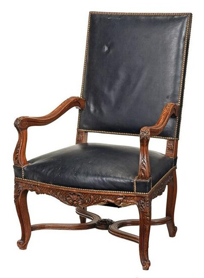 Louis XV Style Walnut Leather Upholstered Armchair