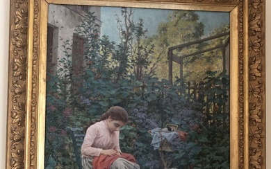 Ludovic ALLEAUME (1859-1941) Jeune fille cousant au jardin Huile sur toile, datée 1890. 70,5 x...