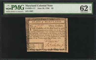 MD-117. Maryland. June 28, 1780. $3. PMG Uncirculated 62 EPQ.