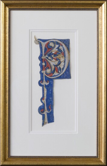 MINIATURE. Decorated Initial P on a cutting from an illuminated choirbook on parchment.