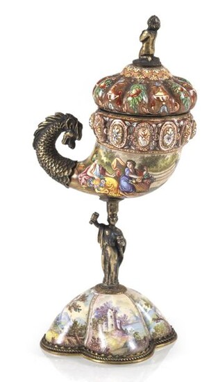 MINIATURE NAUTILUS CUP, VIENNA,. LATE 19TH CENTURY, ENAMEL DECOR. H. 15 CM
