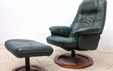 MOBELTEAM Green Leather Lounge Chair and Ottoman.