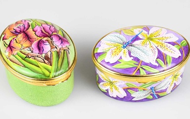 MOORCROFT; two enamel trinket boxes and covers of oval form,...