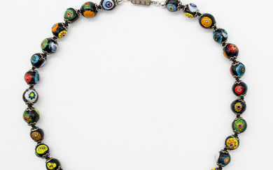 MURANO MILLEFIORI GLASS PEARL NECKLACE, GLASS BEADS WITH MURINES, INDIVIDUALLY KNOTTED, HAND KNOTTED, 1950S.