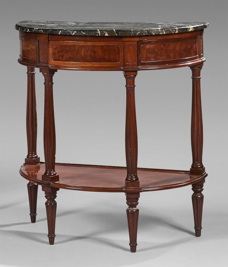 Mahogany half-moon console opening to one drawer and...