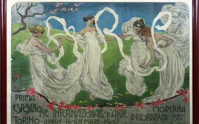 Manifesto a colori dell' Esposizione internazionale d'arte decorativa moderna Torino 1902, multiplo su carta, cm 106x147, entro cornice