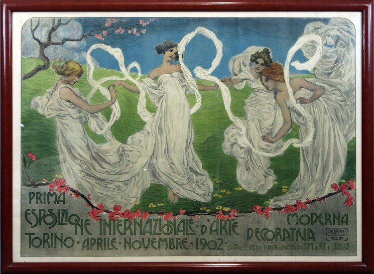 Manifesto a colori dell' Esposizione internazionale d'arte decorativa moderna Torino 1902, multiplo su carta, cm 106x147, entro cornice