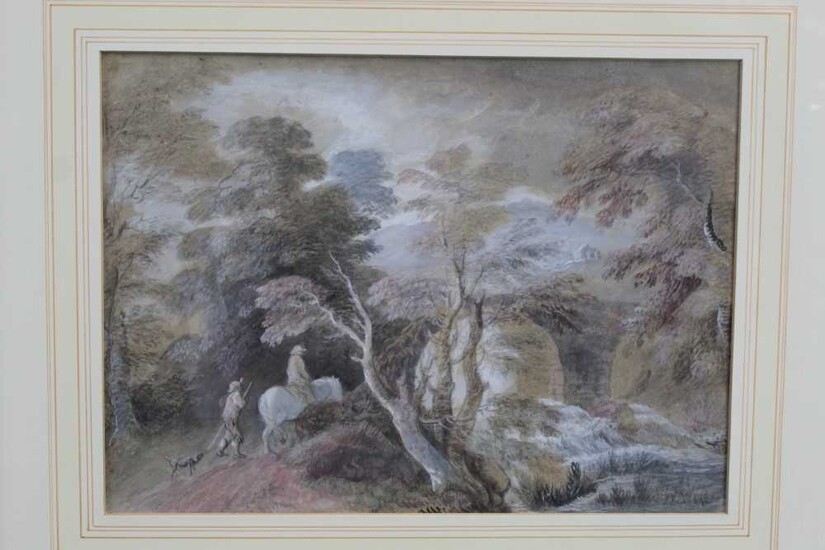 Manner of Thomas Gainsborough, pencil and watercolour - Extensive Landscape with Figures and a Horse, in glazed gilt frame