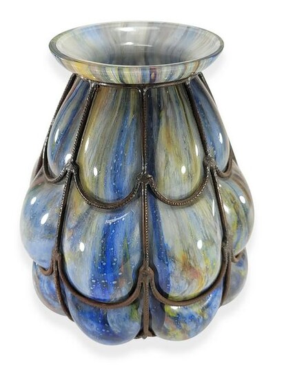 Marked TBS France wrought iron & glass vase
