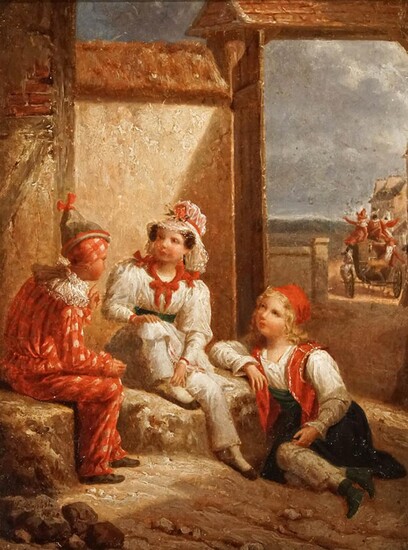 Martin Silvestre Baptiste (French 1791-1859), Three Children in Costume, Oil on Canvas, 13 x 9-1/2 inches