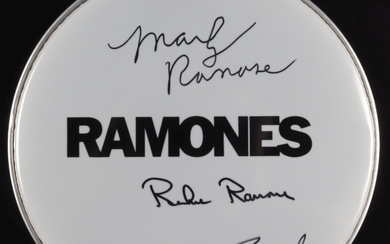 Mary Ramone, Clem "Elvis Ramone" Burke & Richie Ramone Signed Ramones 14" Drumhead Inscribed "AKA" (JSA)