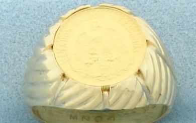 Mens 1945 Mexican Dos Pesos Gold Coin Ring in 14k Yellow Gold