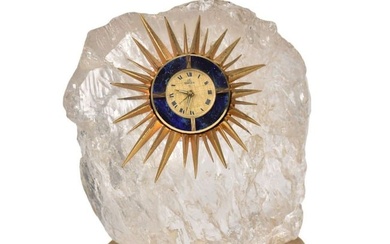 Mid-Century Sunburst Rock Crystal Clock Sculpture - A rock crystal clock sculpture. A large rock
