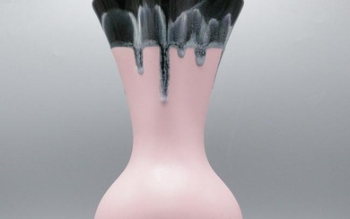 Mid-Century USA Art Pottery Vase Black Drip to Pink