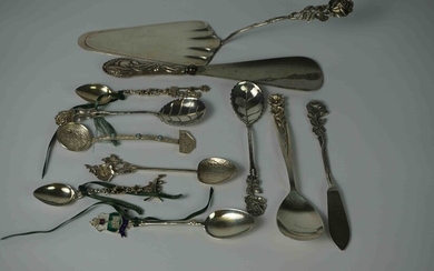 Mixed Lot of Continental Silver and White metal Flatware, To include a Silver Cake Lift, Three Tea