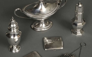 Mixed Silver. A George V silver sugar caster, cigarette cases and other items
