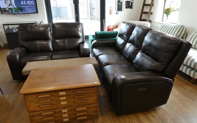 Modern brown leather upholstered reclining lounge suite comprising a 3...