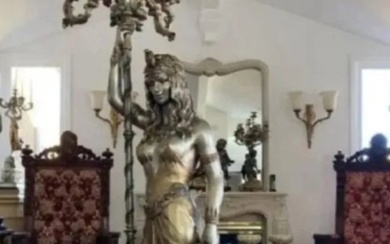 Monumental Life Size Bronze Goddess and Lion Floor Lamp Sculpture