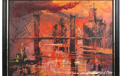 Morris Katz Bridge Cityscape Oil Painting