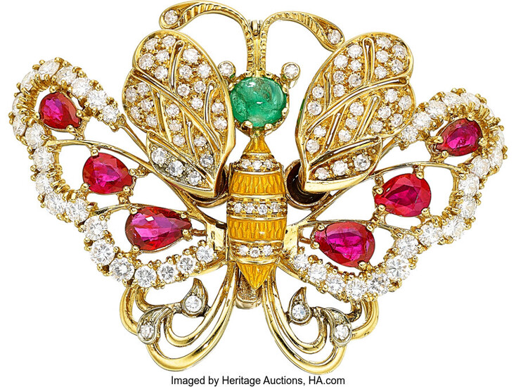 Multi-Stone, Diamond, Enamel, Gold Brooch The butterfly brooch features...