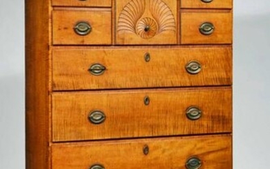 NH CHIPPENDALE TIGER MAPLE TALL CHEST, DAVID YOUNG.