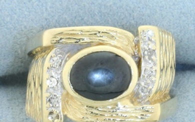 Natural Black Star Sapphire and Diamond Ring in 14k Yellow Gold