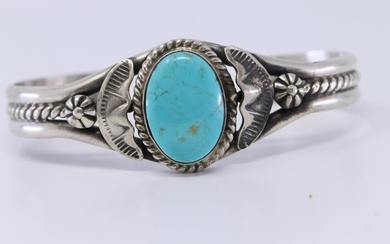 Navajo Sterling Silver Handmade Turquoise Bracelet By