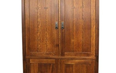Nice Stickley mission oak 4 door bar/armoire with mirror back and marble insert