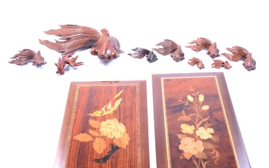 Nine various Chinese carved wooden models of fish, and two marquetry panels