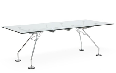 Norman Foster: Rectangular table with chromed metal frame and glass plate. Manufactured by Techno S.p.A.
