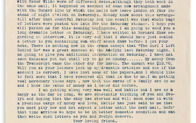 (OSCAR WILDE TRIAL.) Typed Letter Signed by unidentified drama critic to Boston Transcript...