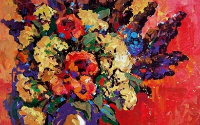 Oil painting Flowers on a red canvas Kalenyuk Oksana