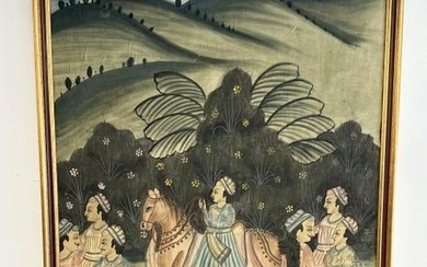 Older Indian gouache on cloth (board ) of woman on horse and people in front and back of her.