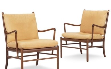 Ole Wanscher: “Colonial”. A pair of mahogany armchairs. Cushions in seat and back upholstered with natural leather. (2)