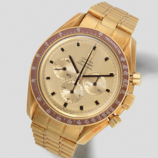 Omega. A Very Fine And Rare Limited Edition 18K gold automatic chronograph Bracelet Watch, Commemorating the Apollo 11 Space Mission And The Successful Moon Landing in 1969