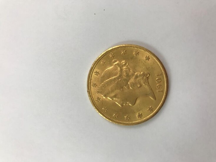 One Liberty 1901 $20 gold coin. Mint in San Francisco. Weight: 33.5 grams. Wear and tear.