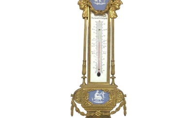 Ornate 19th century French ormolu and porcelain mounted barometer, later painted dial, signed Thierry a Paris