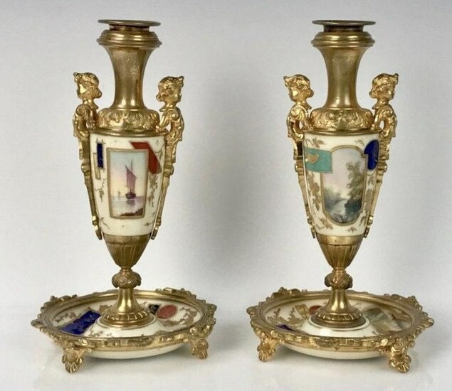PAIR OF DORE BRONZE AND PARIS PORCELAIN CANDLE HOLDERS