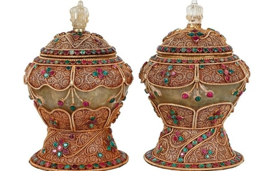 PAIR OF GILDED FILIGREE MOUNTED COVERED JARS