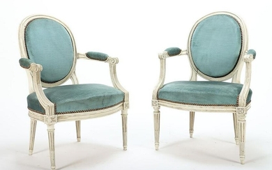 PAIR OF LOUIS XV STYLE PAINTED FRENCH ARMCHAIRS C 1920.