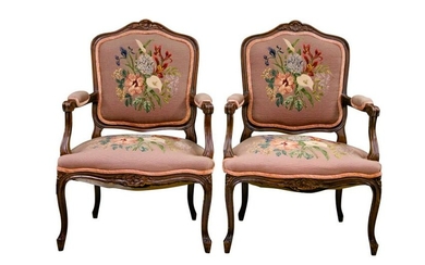 PAIR OF NEEDLEPOINT VINTAGE CARVED ARM CHAIRS
