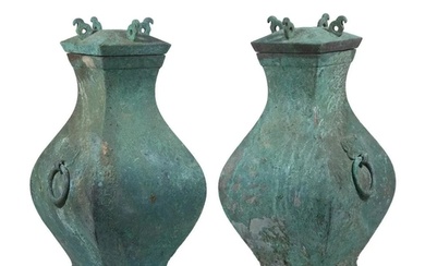 PR OF CHINESE LARGE PATINATED BRONZE COVERED URNS Size:(H44C...