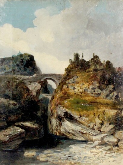 Paesaggio roccioso della Val Pellice, olio su tela, cm 47x35, firmato e datato in basso a destra "M.P. 89"; a tergo del telaio riferimenti al pittore e al soggetto, Maurizio Pellegrini (Pinerolo, 1866)