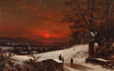 Arnold Frostmann (b. Düsseldorf 1842, d. 1914) Sunset over a city. Indistinctly...