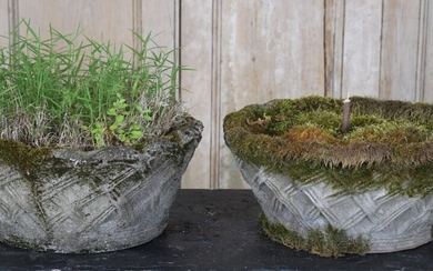 Pair Cast Stone Basket Weave Planters