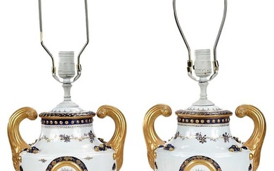 Pair Gilt Decorated Porcelain Export Style Pistol Handle Urn Form Lamps