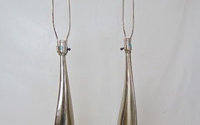 Pair Mid Century chrome table lamps, on black cube bases, no shades, lamps are 39" tall including