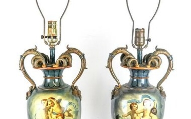 Pair Painted Composition Urn-Form Lamps