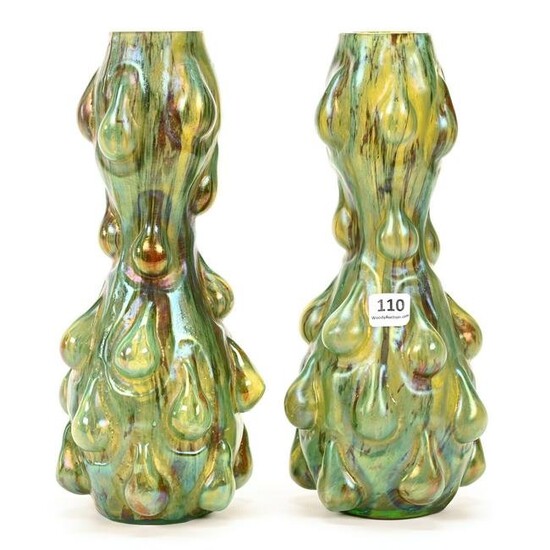 Pair Vases, Green Kralik Humpen Pattern Art Glass