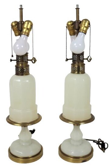 Pair of 19th C. Gilt Brass & Glass Lamp